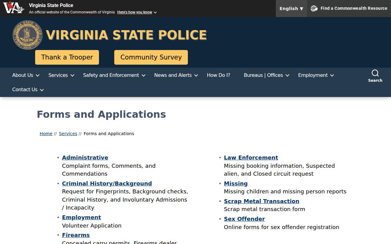 Russell County criminal record Virginia State Police forms hub