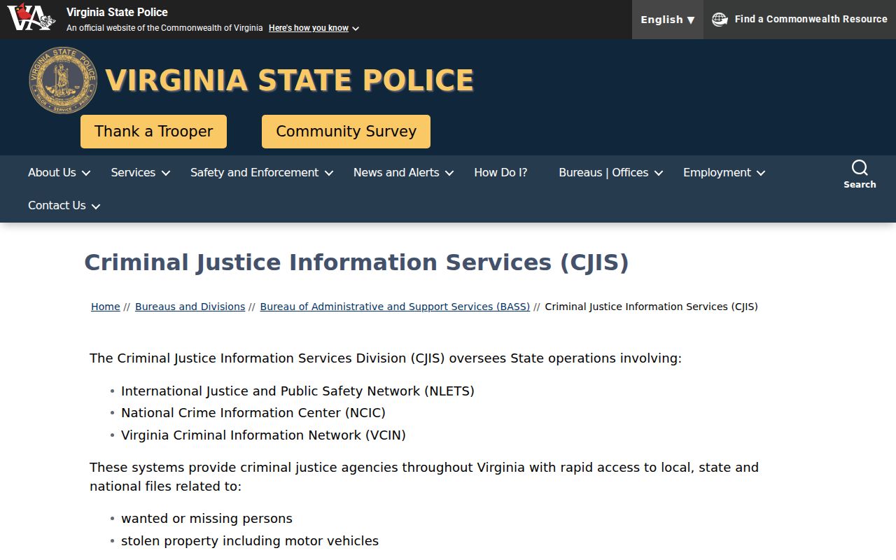 Russell County criminal history Virginia State Police CJIS page