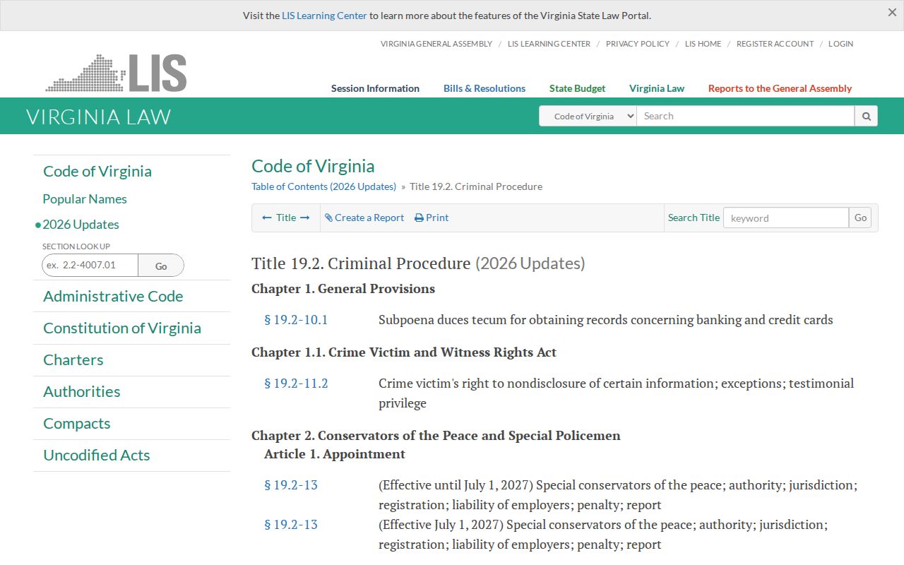 Virginia Code update index for Honaker criminal history records