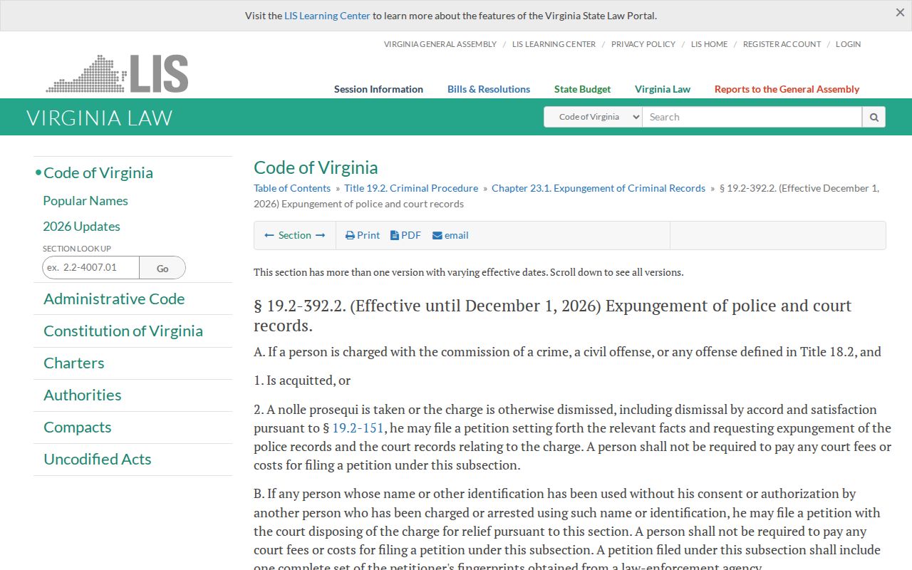 Virginia expungement law affecting Honaker criminal records in Russell County